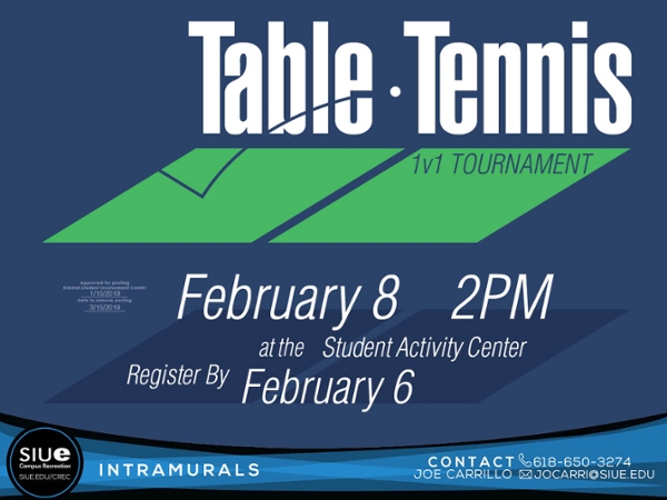 Take a swing with table tennis February 8th!  Participation is free for SIUE students!